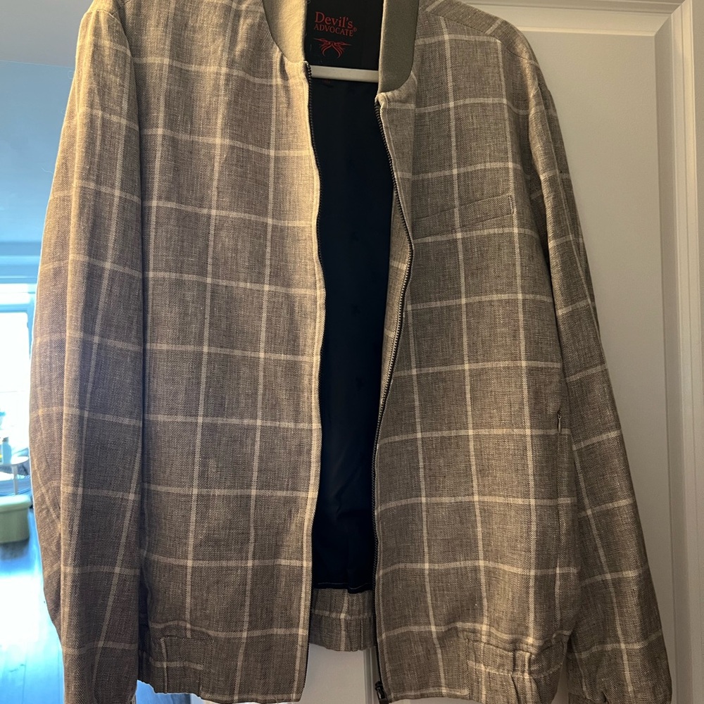 Gray Windowpane Bomber Jacket Lightweight Casual